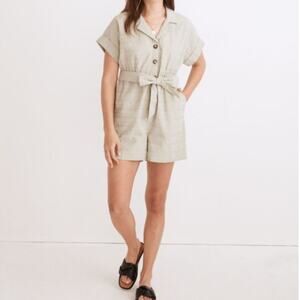 Madewell Seersucker Camp Romper Button Down Tie Sage Green Short Sleeve Small